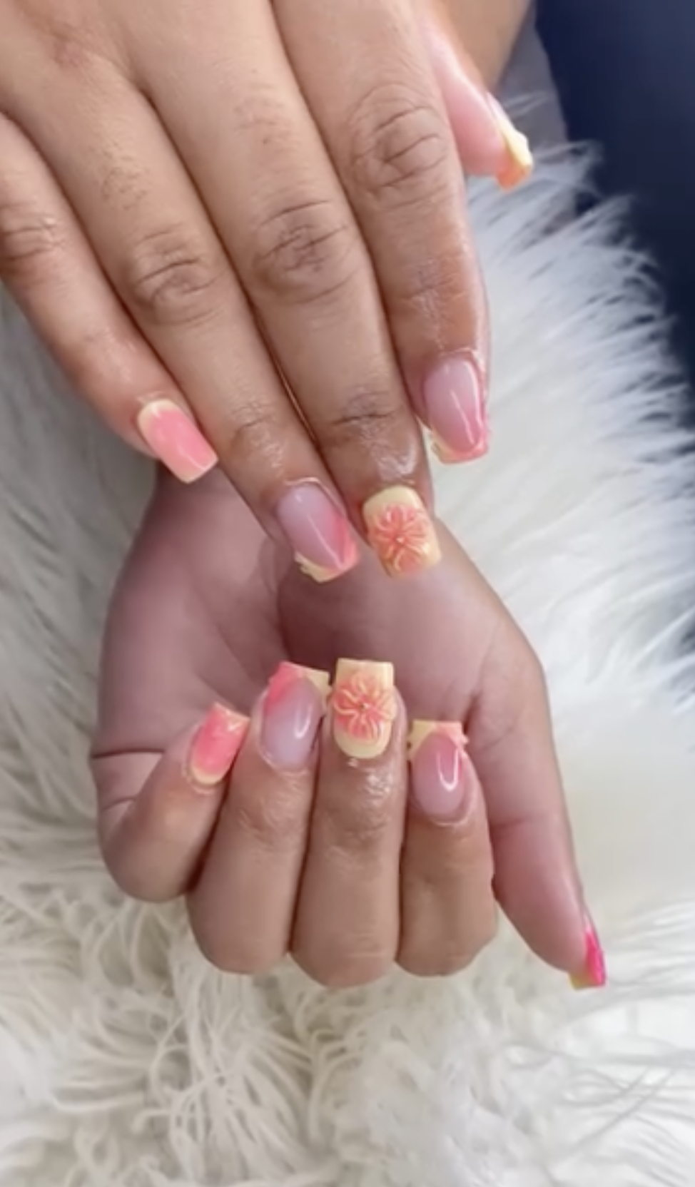 Peach and coral ombre nails with 3D flower nail art
